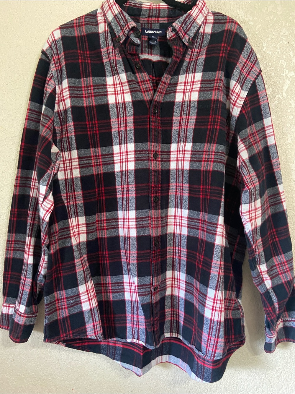 Lands' End Black, Red & White Plaid Flannel Shirt